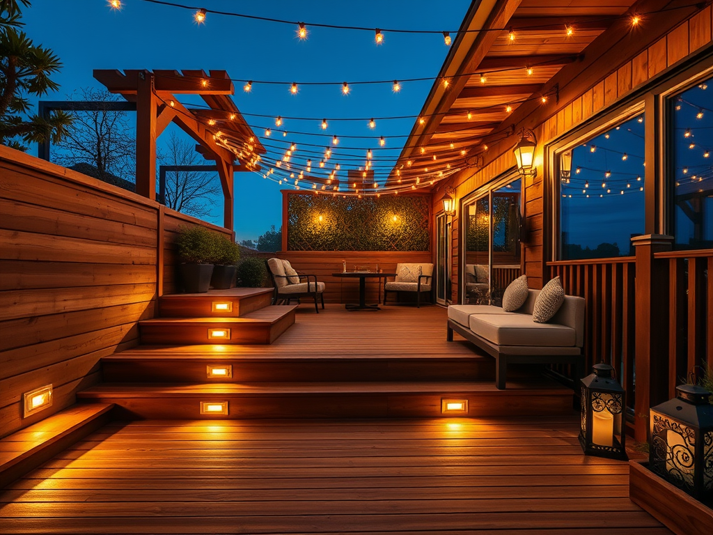 A well-lit wood deck with practical and atmospheric lighting