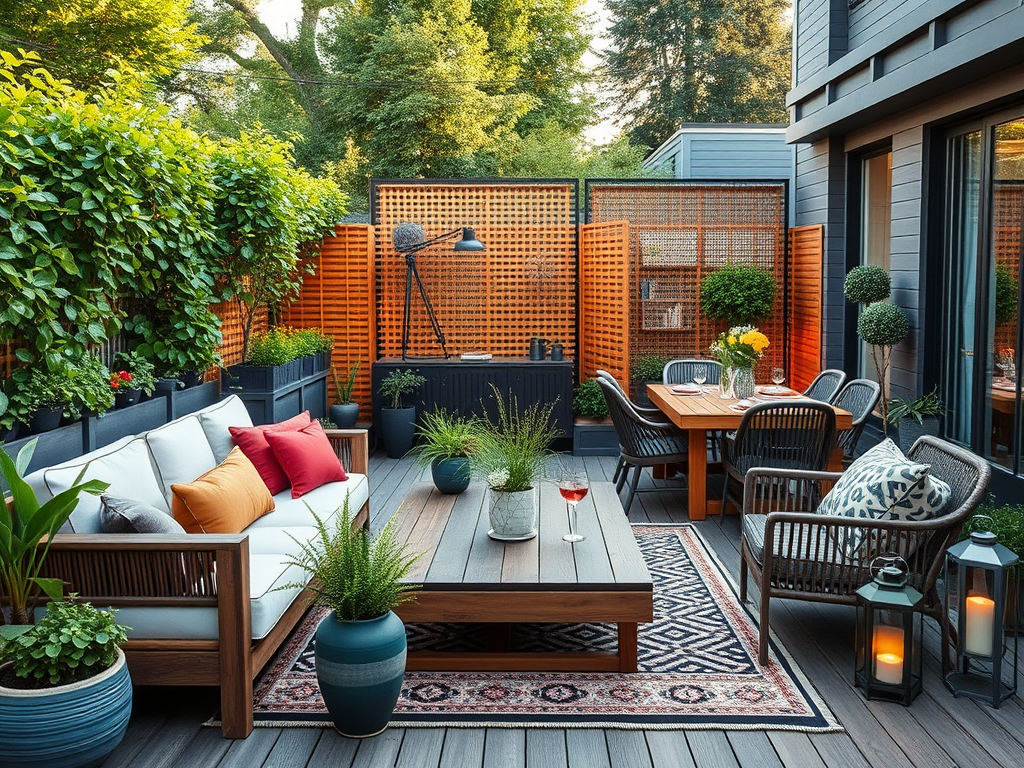 A styled deck with furniture, textiles, planters, and lighting
