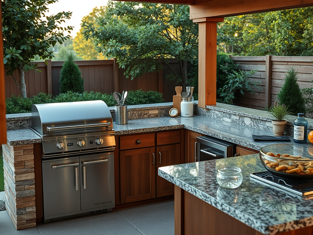 A deck with a grill station and outdoor kitchen zone