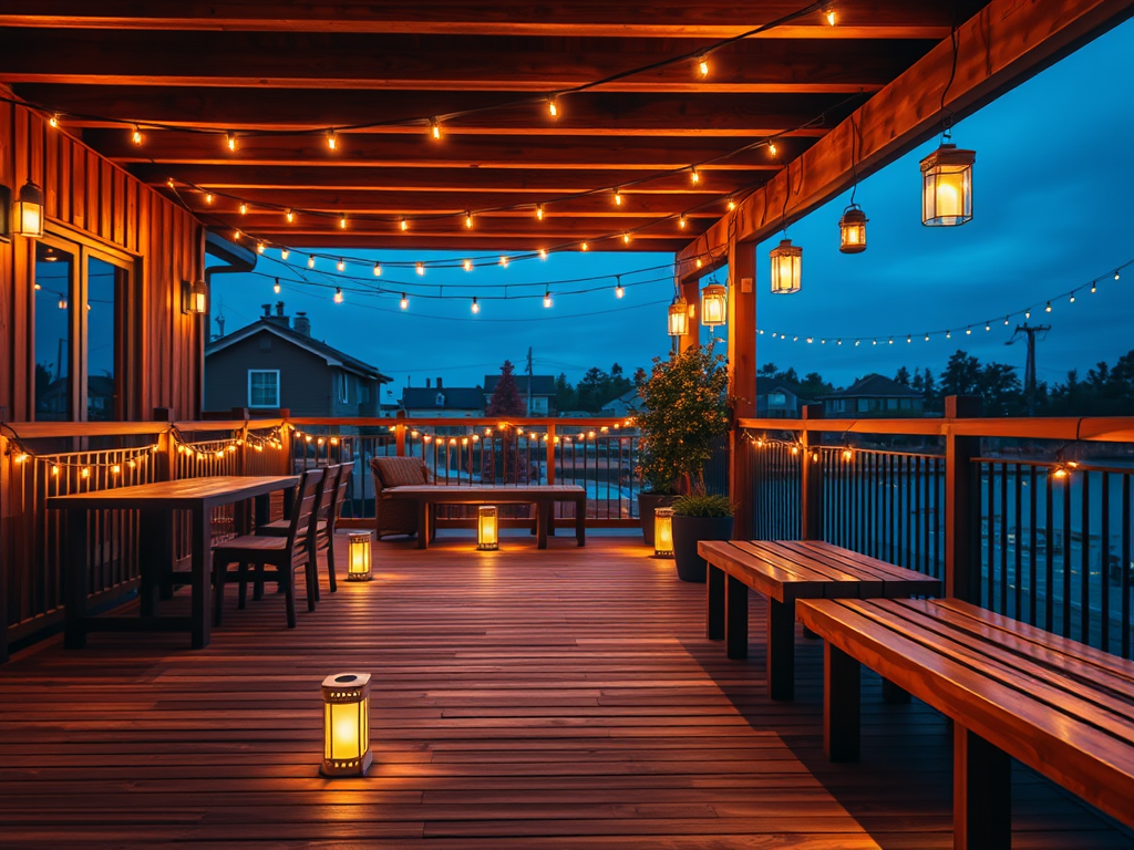 A covered deck with an overhead roof structure