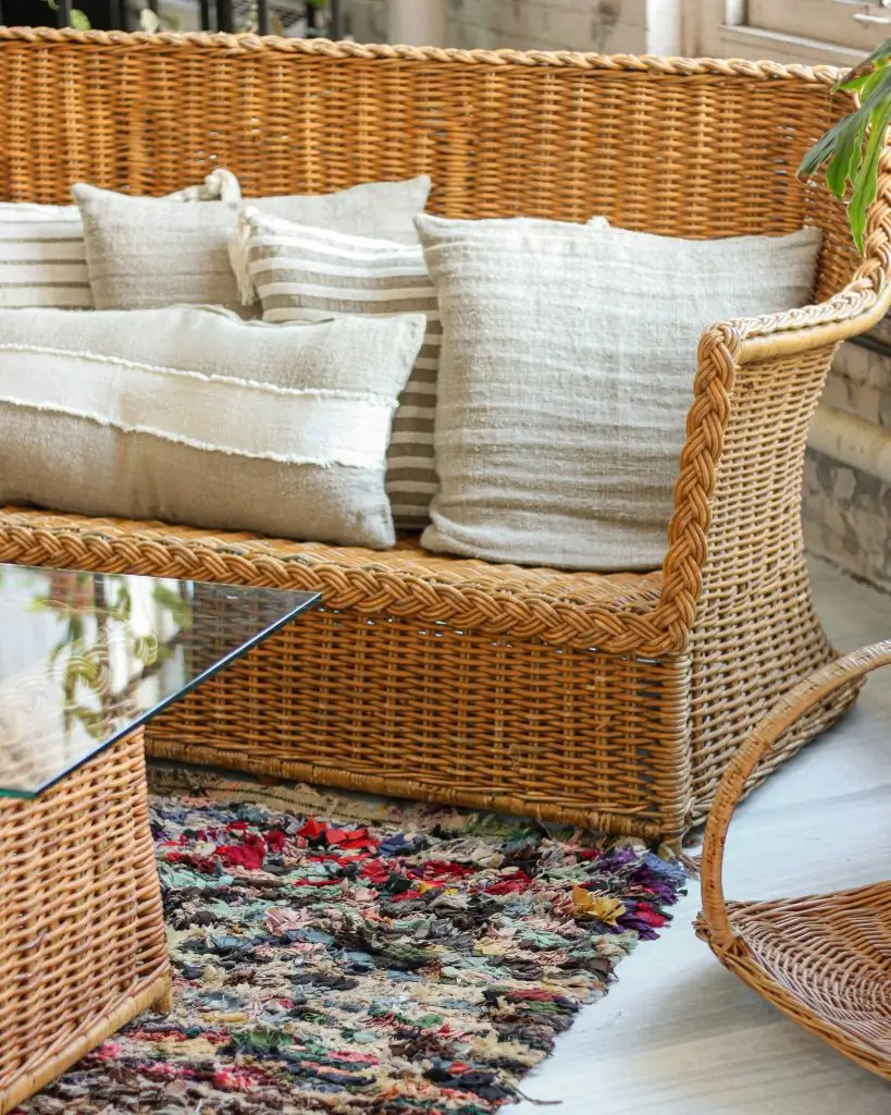 Rattan coffee table — boho style on the deck