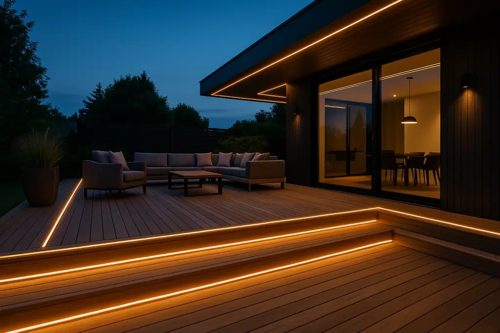 LED strips mounted under a railing give indirect deck lighting