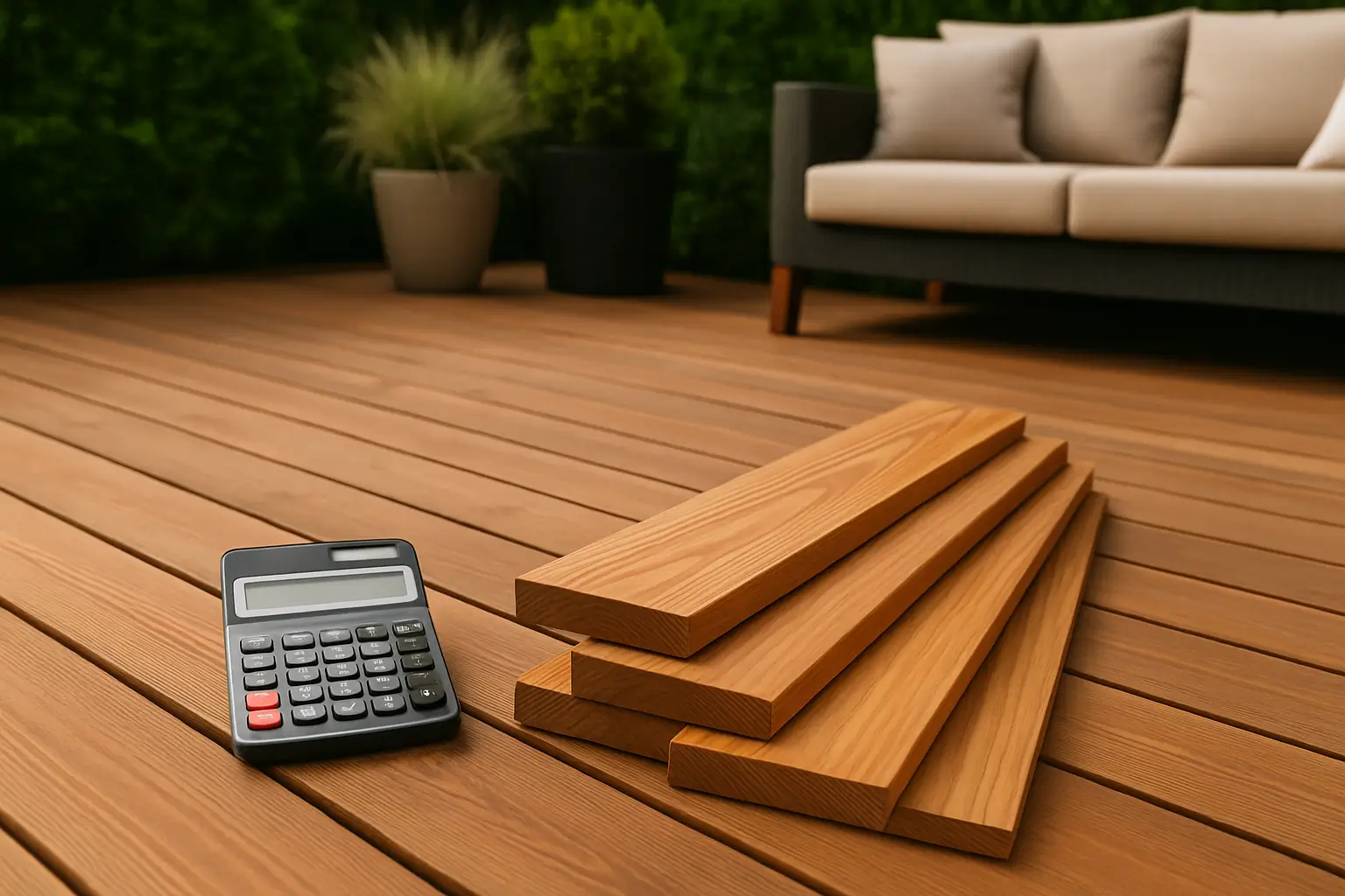 A low wooden ground-level deck built directly on the ground in a garden