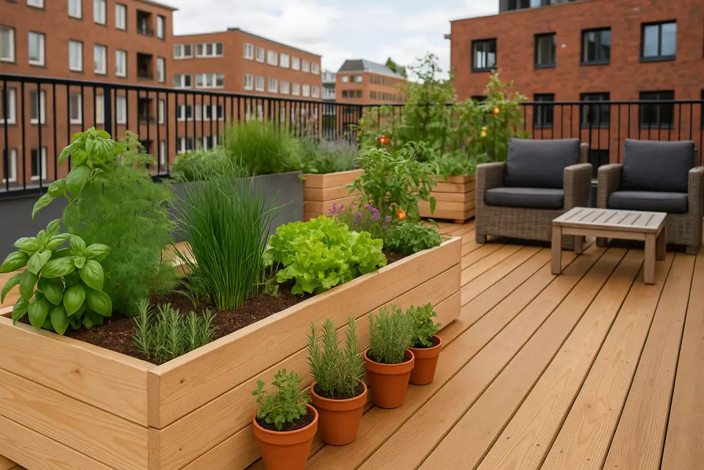 Planter boxes with herbs make for a green, living deck