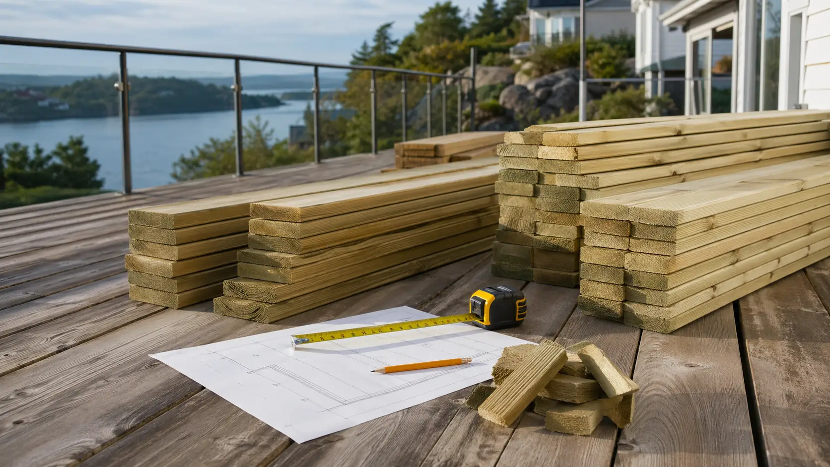 Deck boards, offcuts, a tape measure, and a simple plan used to estimate waste allowance