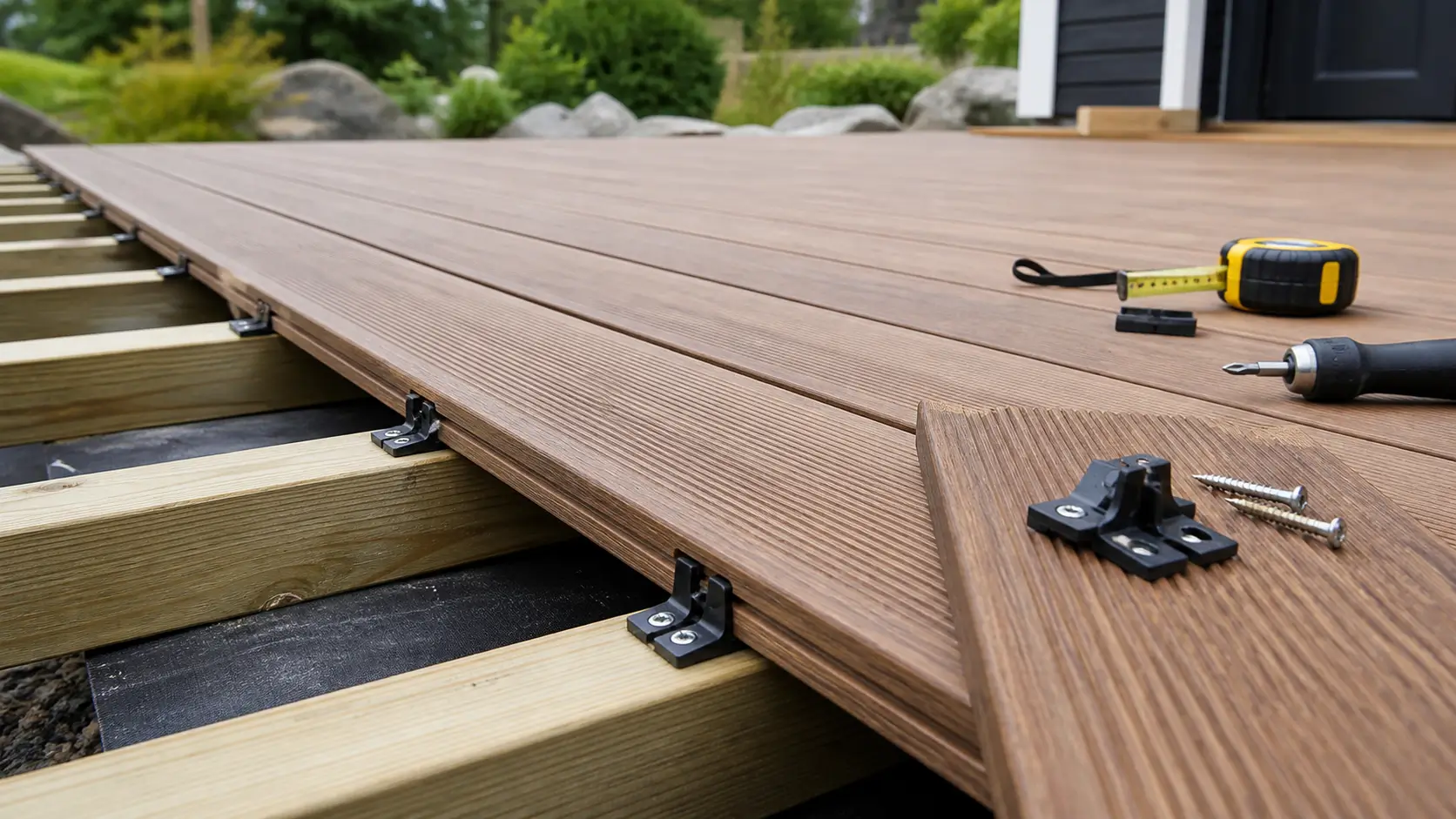 Deck boards installed with hidden clips, joists, screws, and a tape measure
