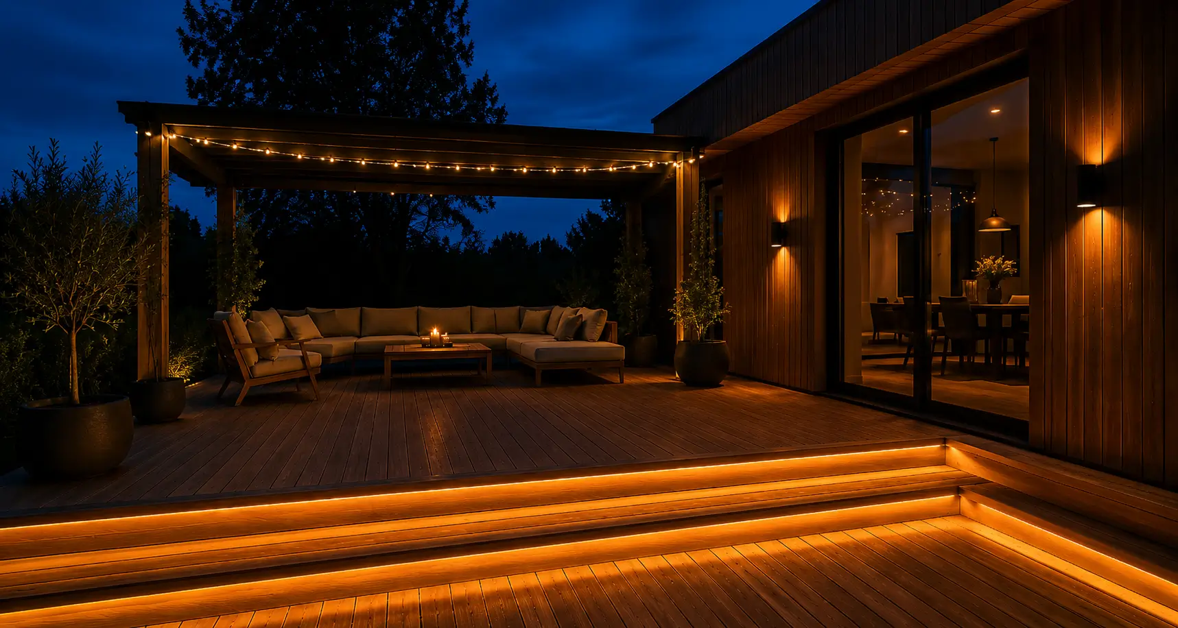 A well-lit wood deck with practical and atmospheric lighting