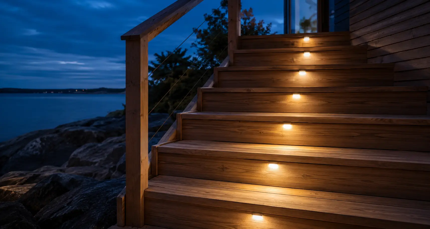 Deck stairs with recessed step lights at dusk