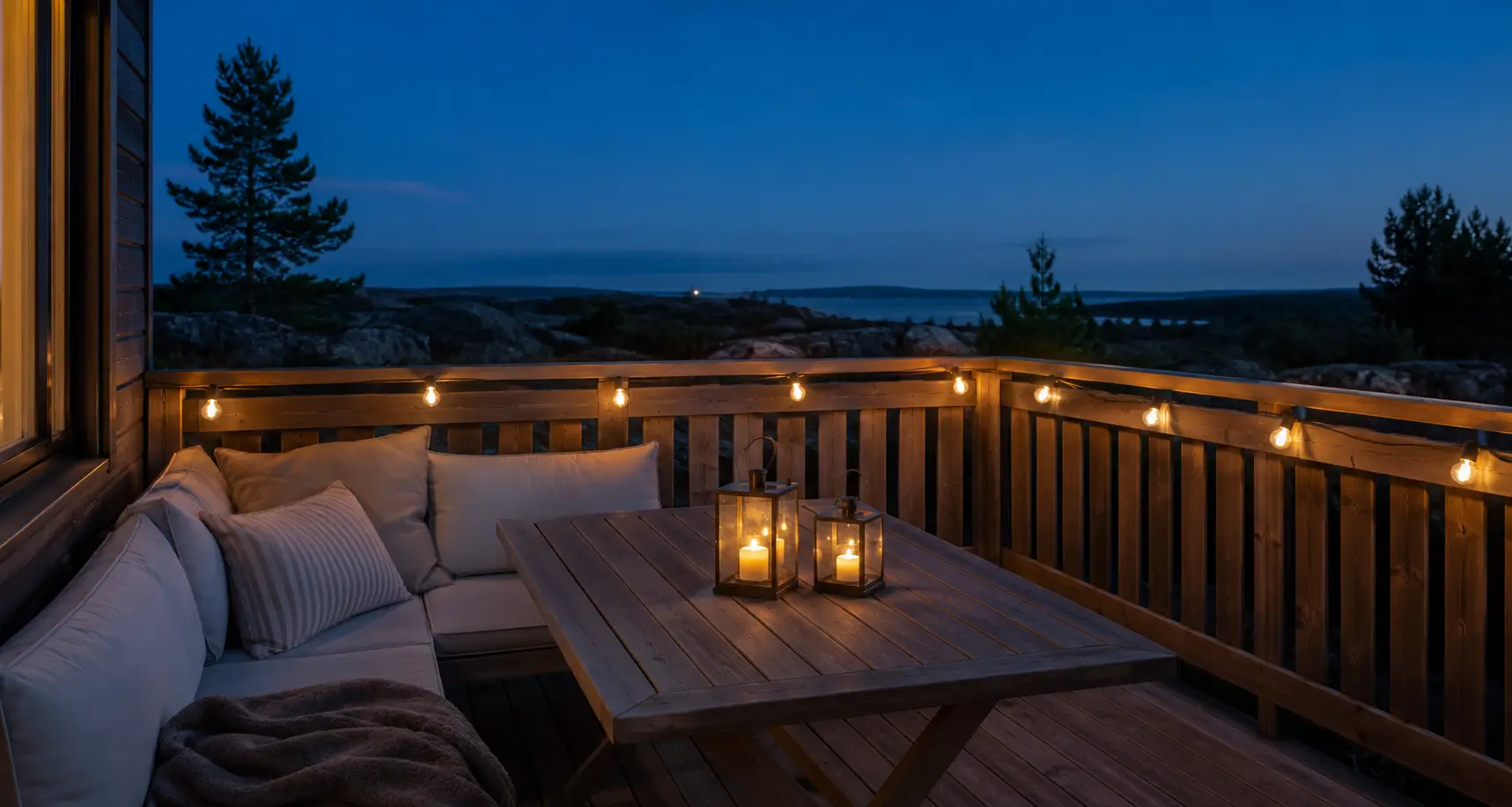 String lights and lanterns on a deck in the evening