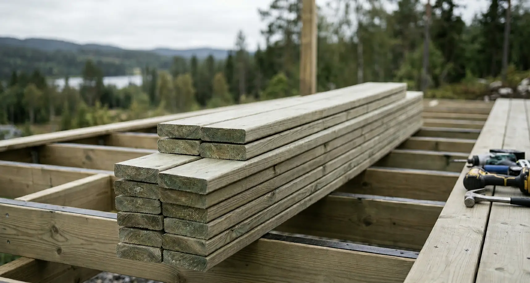 Stack of deck boards ready to be installed on a new deck