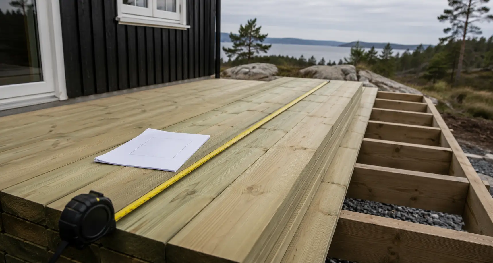 Wooden deck boards laid with an even gap, seen from above