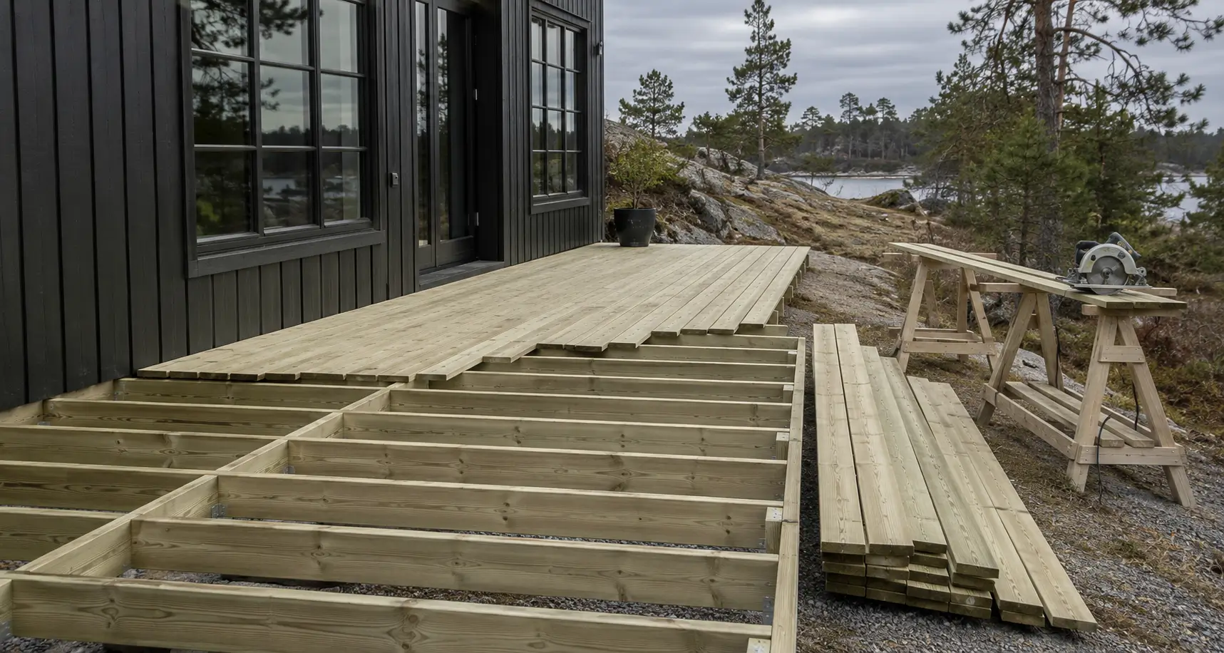 A deck under construction with joists and partially installed deck boards
