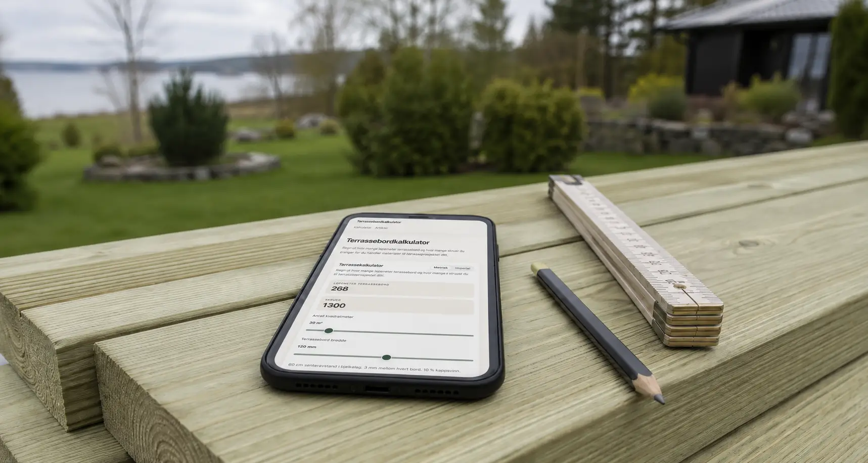Planning a deck with a calculator, drawings, and a tape measure