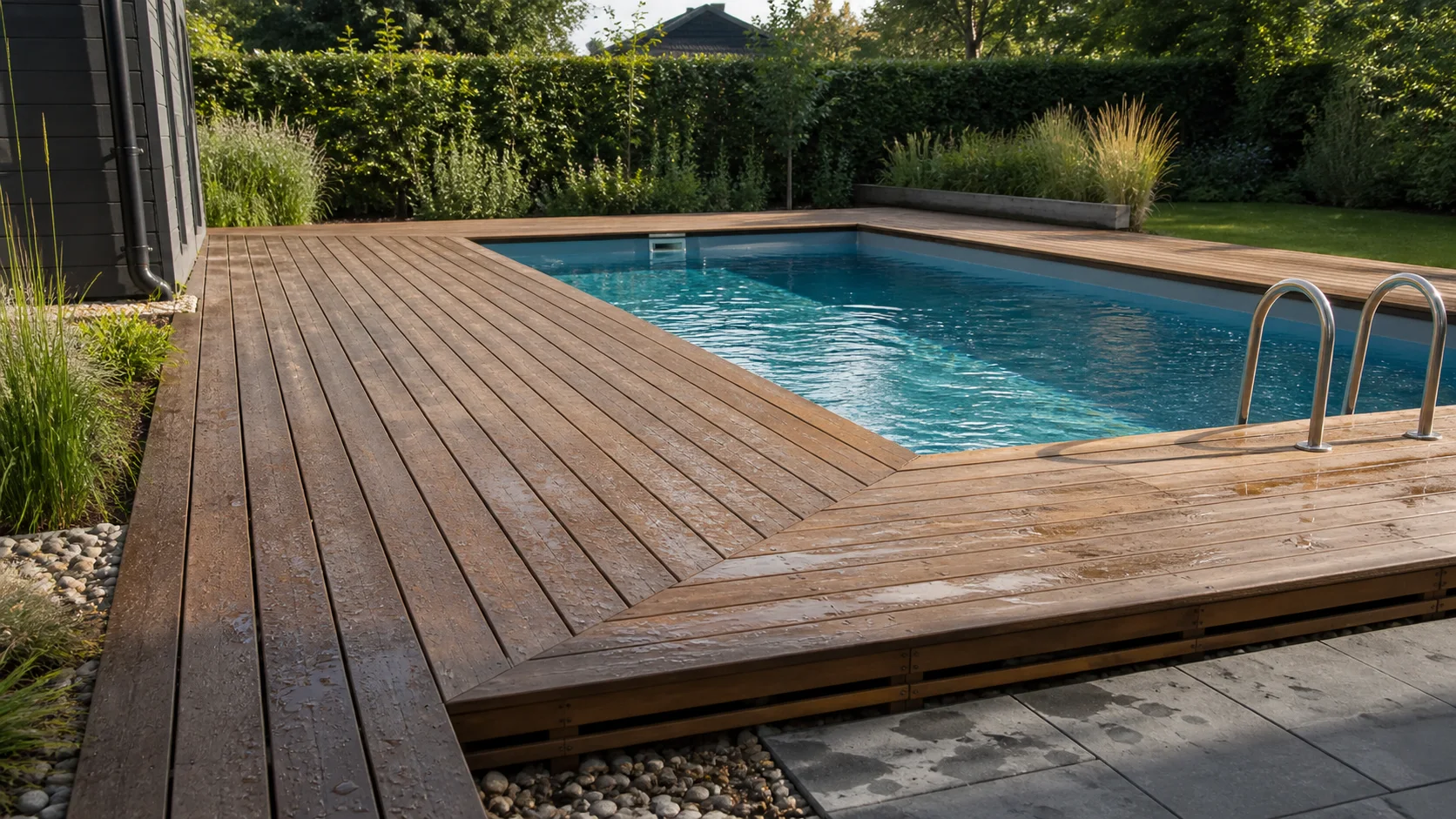 Wet timber decking with even board gaps around a rectangular swimming pool
